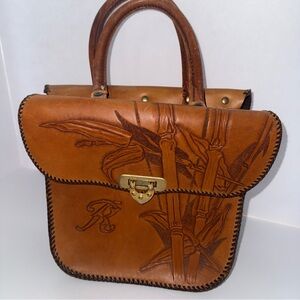 Hand-Tooled Tan Leather Satchel Bag with Floral Motif
